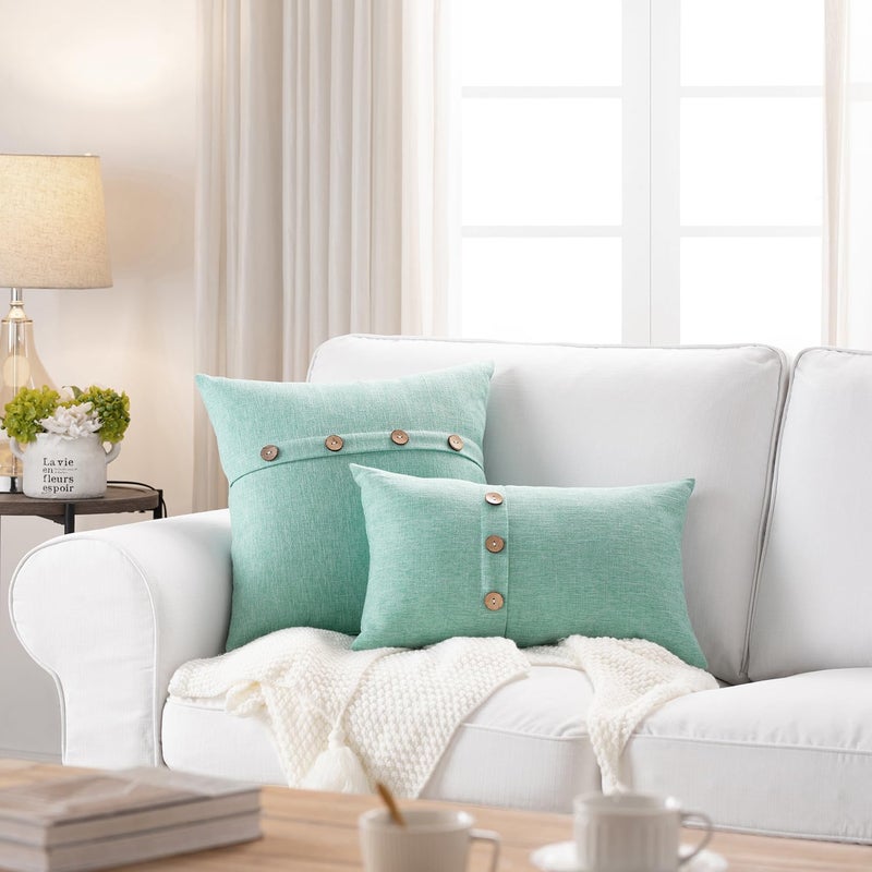 Meekio Set of 2 Aqua Square Pillow Covers 16 x 16 Farmhouse Boho Pillow Covers with Coconut Buttons for Sofa Couch Living Room Bedroom Farmhouse D?cor for The Home - Image 2
